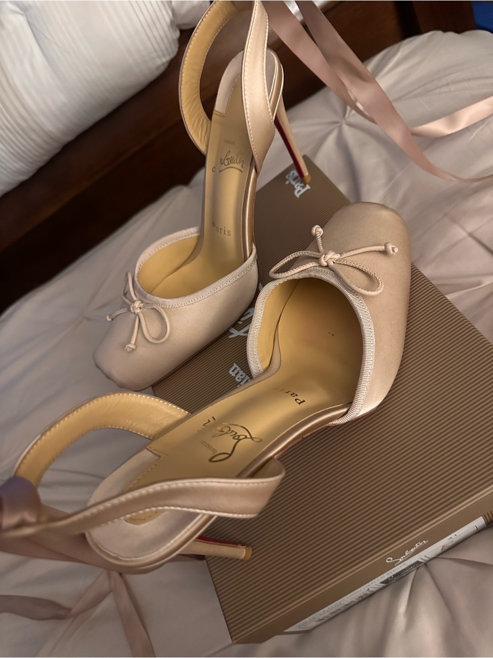 Christian Louboutin Blush Satin Ankle-Tie Ballet Pumps - Picture 5 of 8